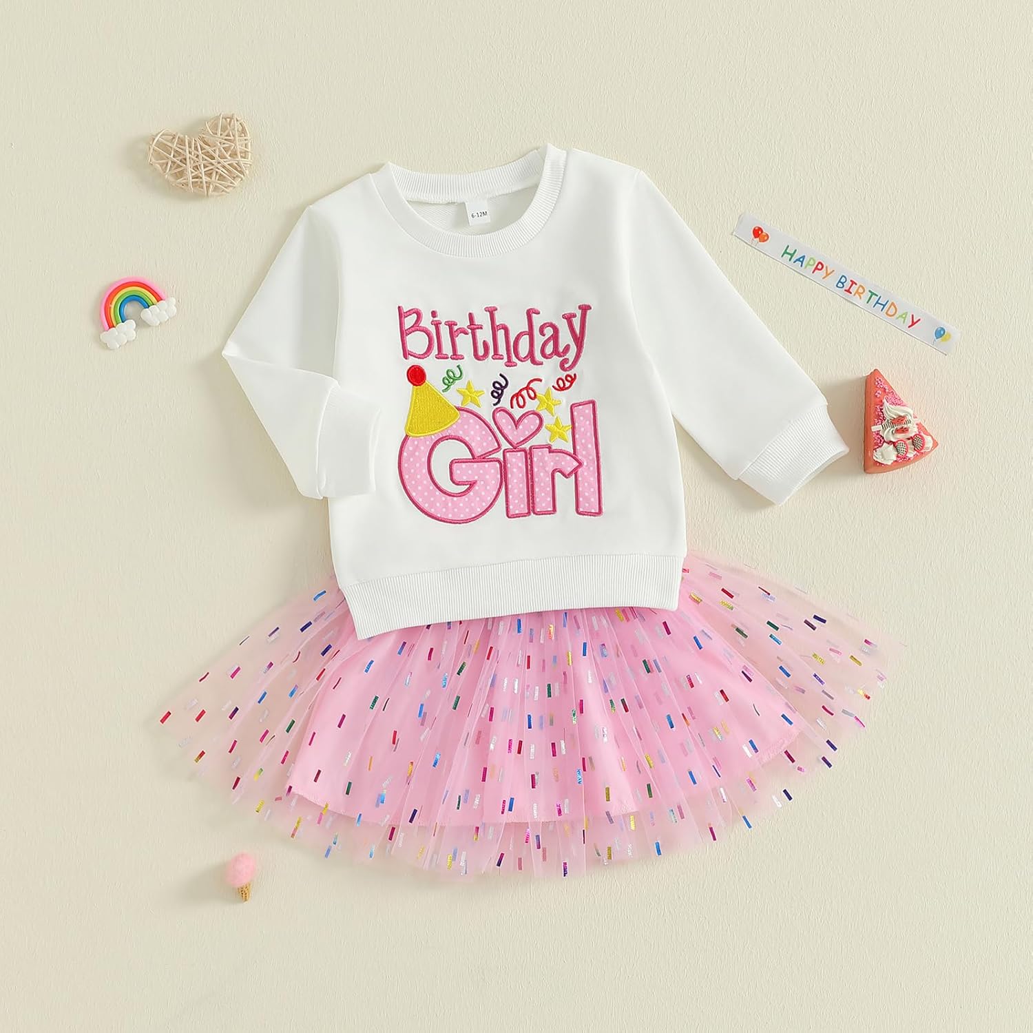 SAYOO Toddler Baby Girls Birthday Outfits Birthday Girl Embroidery Letter Sweatshirt Tops+Donut Rainbow Tutu Skirt Clothes - Image 5