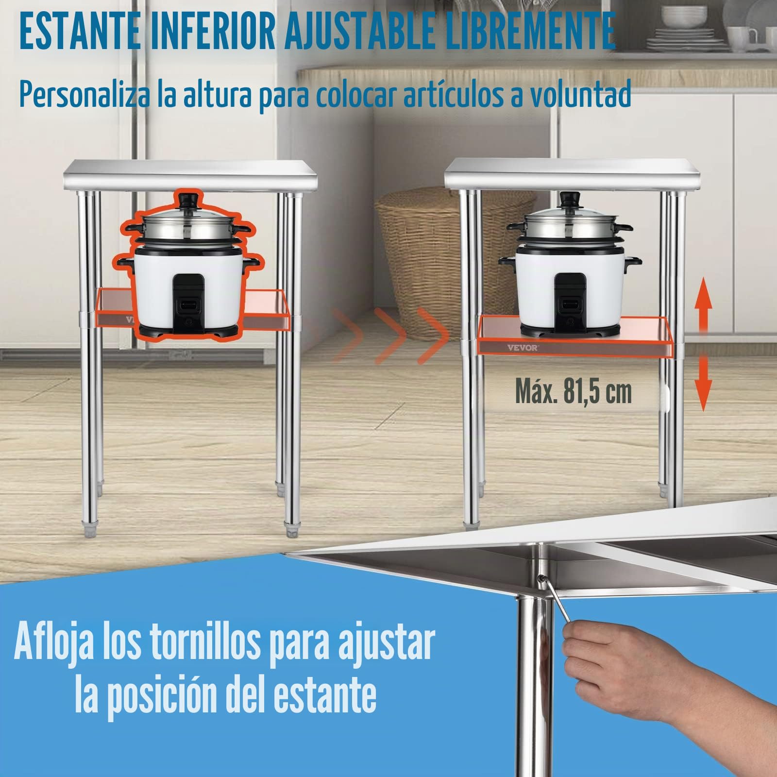 VEVOR Mesa de Trabajo de Acero Inoxidable 61 x 46 x 91 cm Mesa de Preparación de 2 Niveles Carga de 272,4 kg Mesa de Cocina Estante Ajustable en Altura para Cocina Restaurante Bar Garaje al Aire Libre