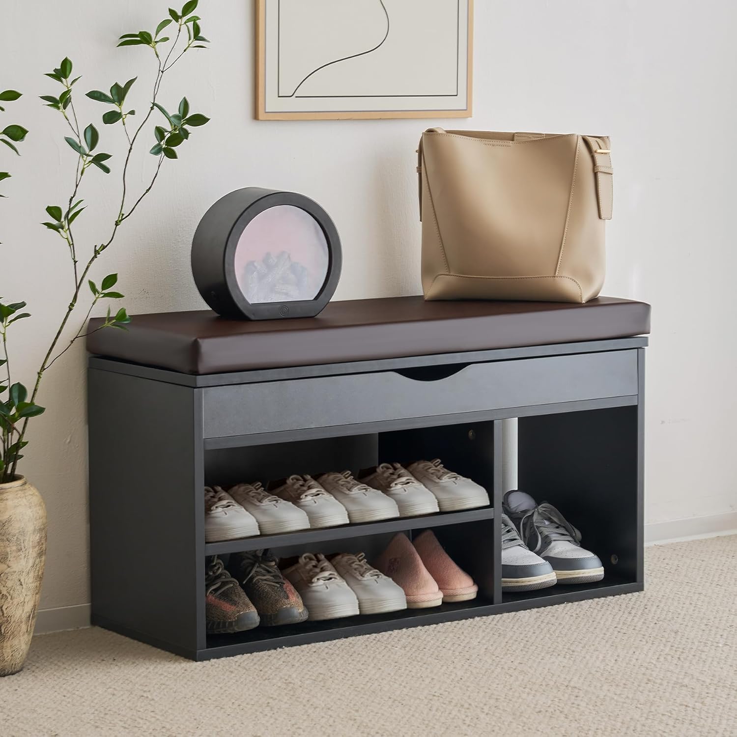 Apicizon 39 Inches Storage Bench with Padded Cushion, Shoe Bench with Storage Space, Upholstered Entryway Bench for Living Room, 2-Tier Shoe Rack Organizer, Black