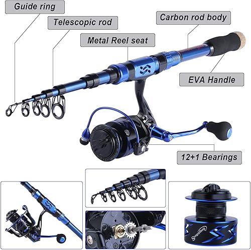 Vista 12 de Sougayilang Juego de caña de pescar y carrete de fibra de carbono telescópica caña de pescar 12+1BB carrete giratorio con estuche de transporte