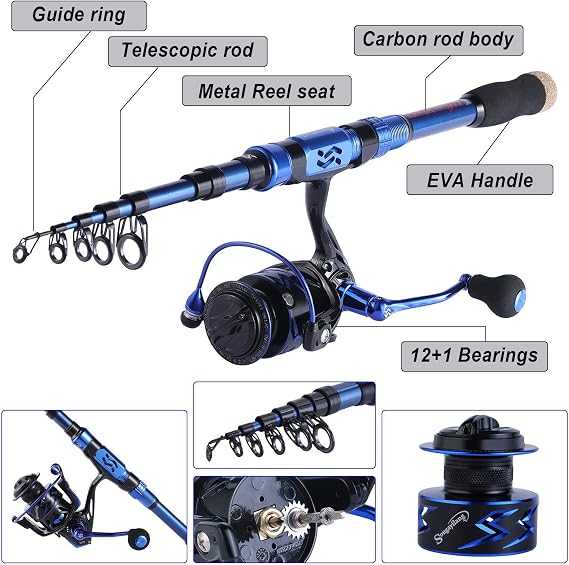 Sougayilang Fishing Rod Reel Combinations, 24 Ton Carbon Fiber, Portable Telescopic Fishing Rod Spinning Reels for Travel Saltwater Freshwater Fishing Gifts for People