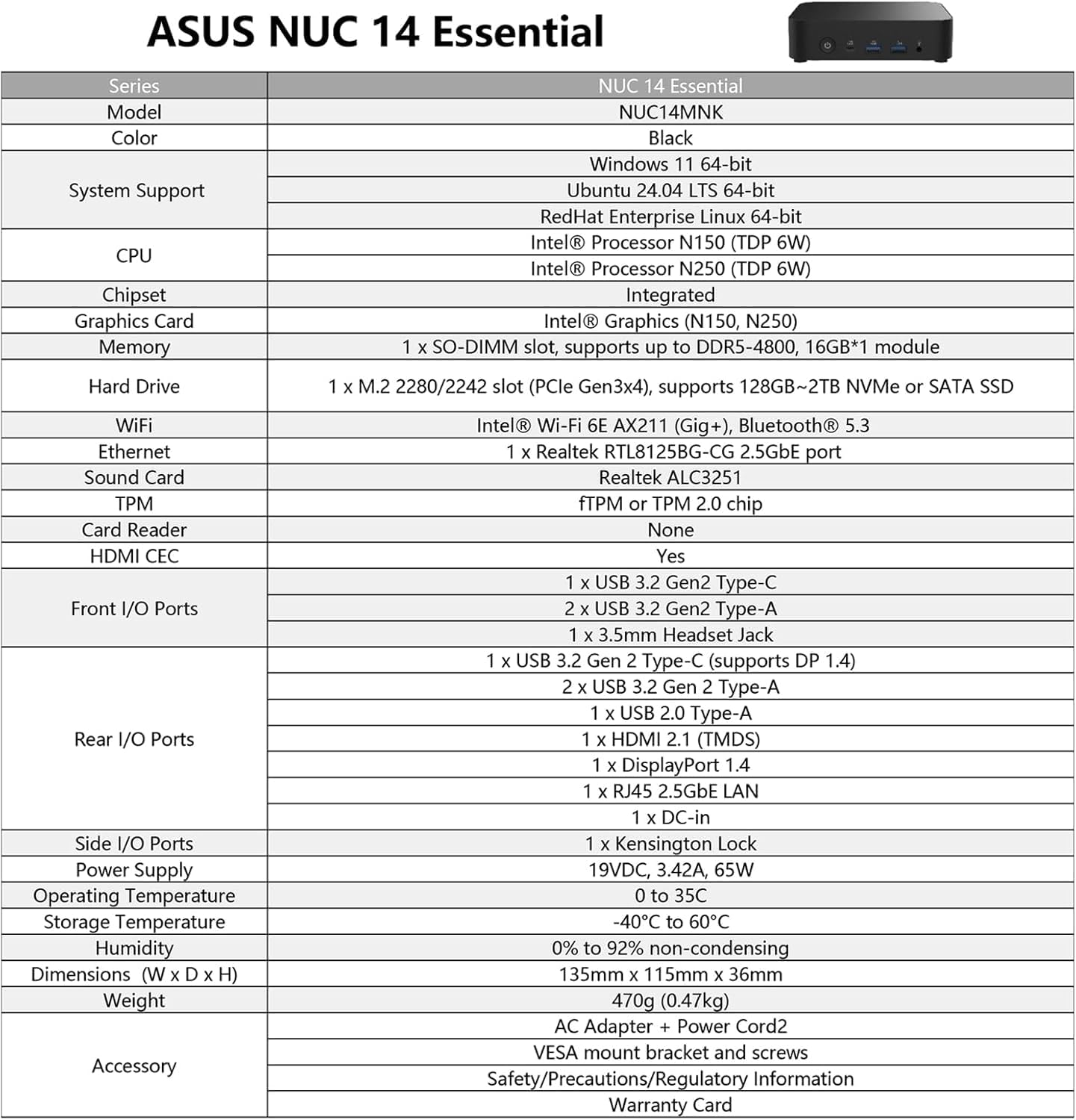NUC 14 Essential NUC14MNK150 - Mini PC - Processore Intel N150, supporto triplo display 4K, Wi-Fi 6E, LAN 2.5G, HDMI, design compatto da 0,56 L per istruzione e produttività in ufficio (Barebone)