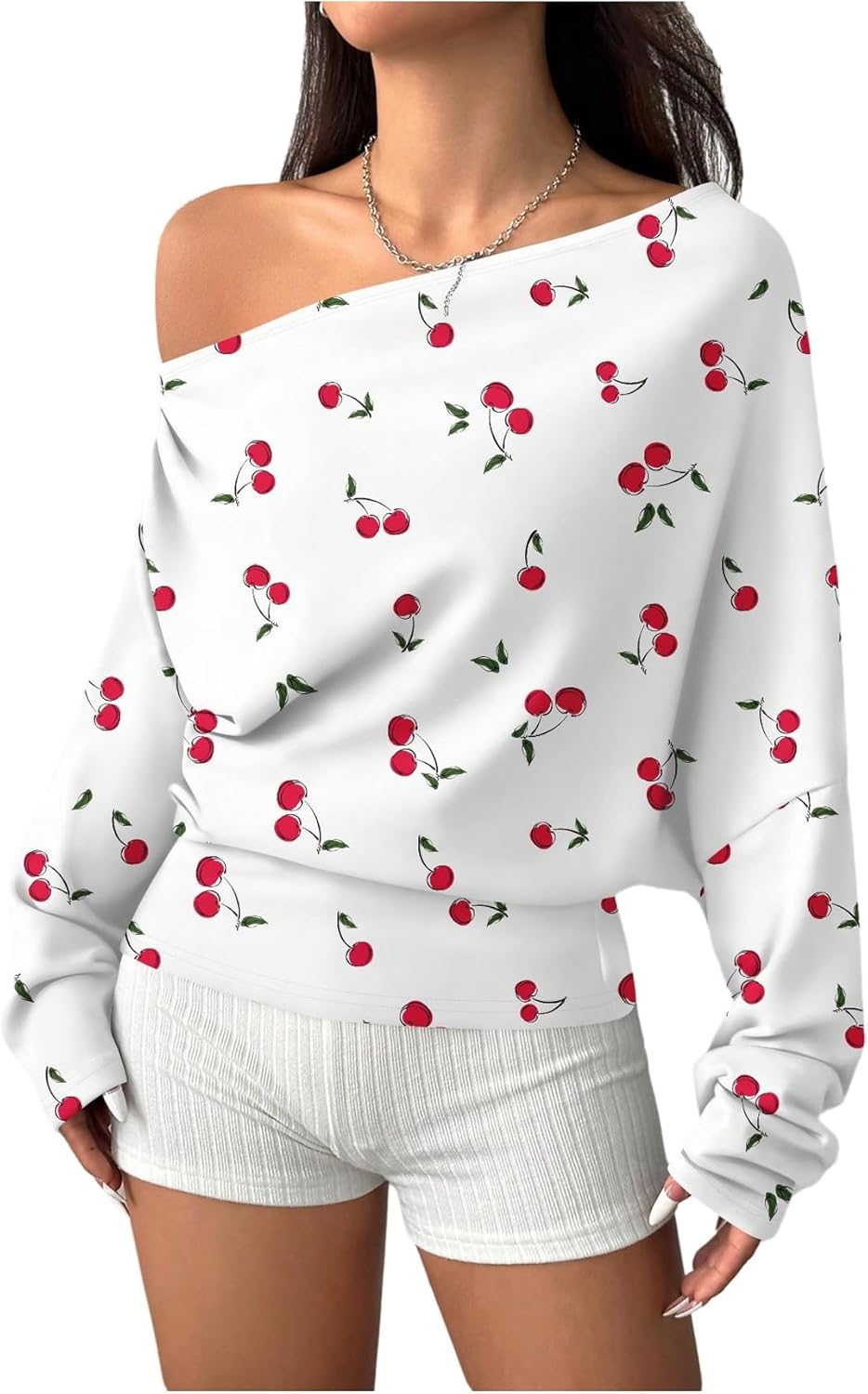 SOLY HUX Women's Cherry Graphic Sweatshirt Off the Shoulder Long Sleeve Cute Fall Pullover Tops
