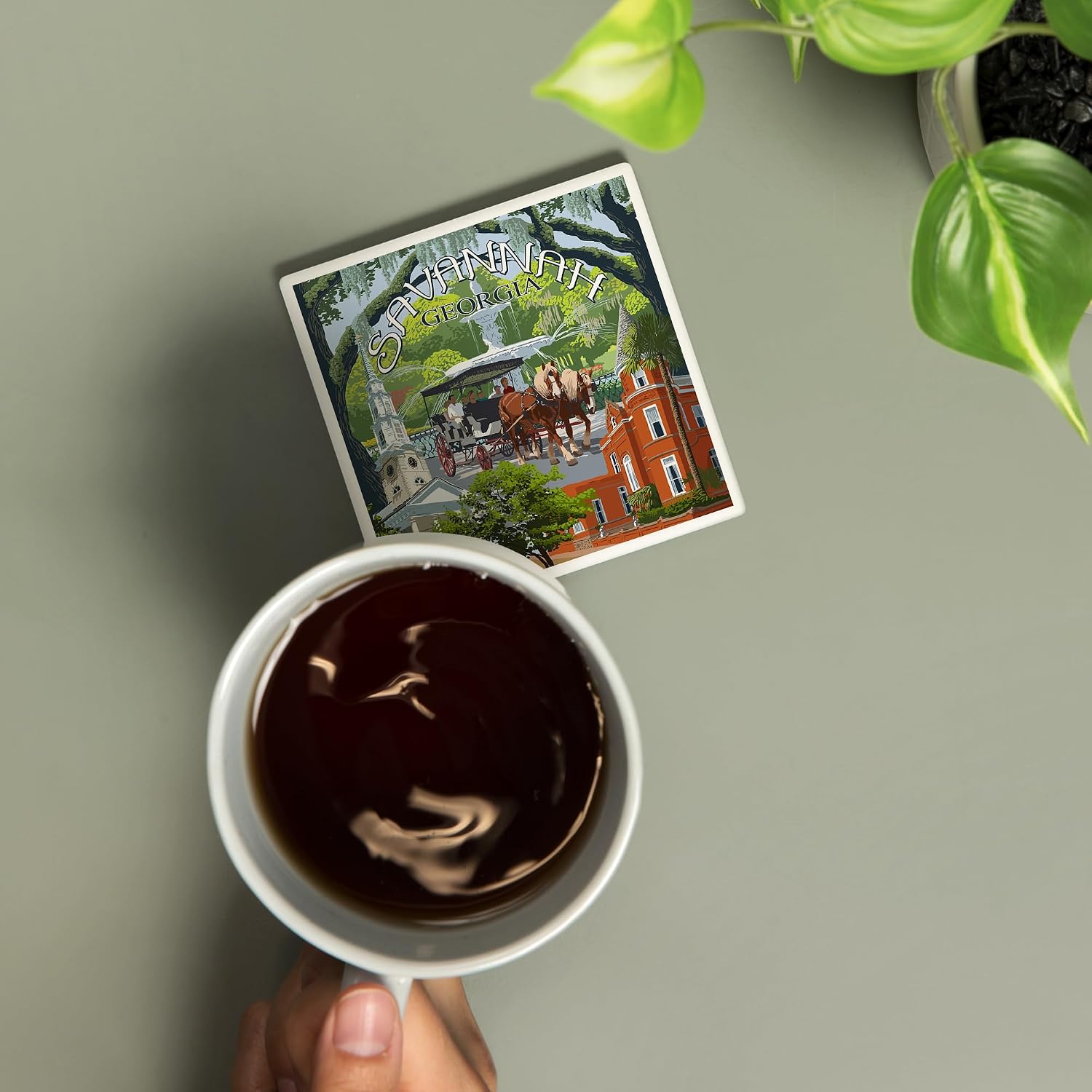Lantern Press Savannah, Georgia, Town Views (Absorbent Ceramic Coaster, Single, Cork Back, Kitchen Table Decor) image 2