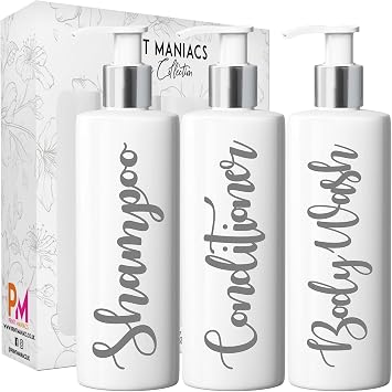 Print Maniacs 3 Set Mrs Hinch Inspired White Personalised Dispenser Pump Bottles Shampoo Conditioner Body Wash Grey