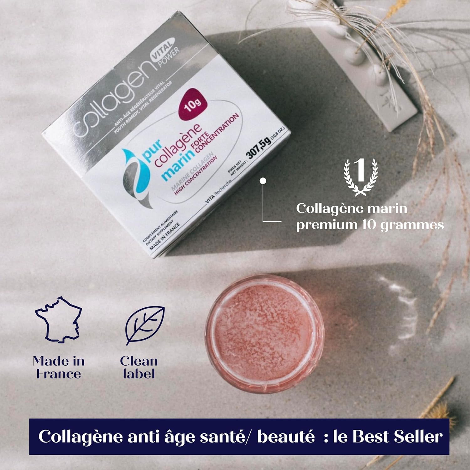Collagen Vital Power - Actifs de Biopeptides de Pur Collagène Marin à Forte Concentration - Complément Alimentaire Anti-Âge Régénérateur, Fabrication Française - Arôme Pêche, 10g