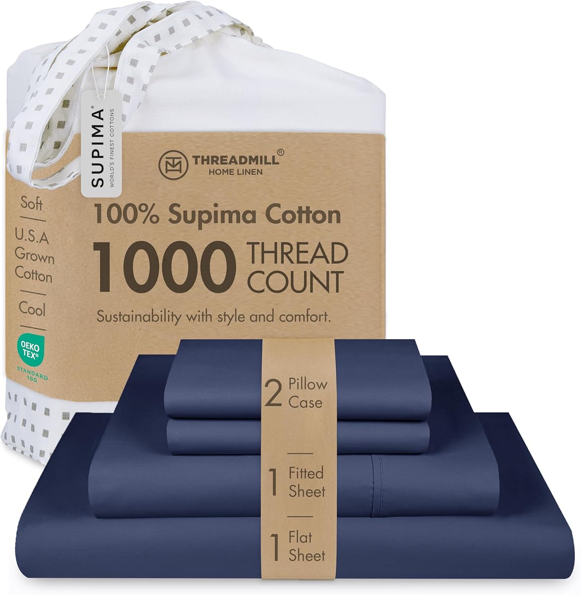 Threadmill 1000TC Supima Cotton Queen Sheet Set, Sateen, Folkstone Blue | 100% Supima Cotton, Sateen Weave, 4-Piece Set, 17" Deep Pocket, All-Around Elastic, Hotel Quality, OEKO-TEX Certified