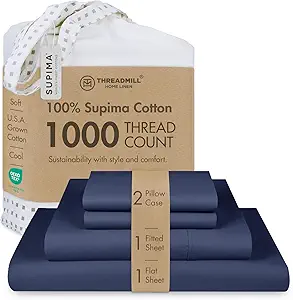 Threadmill American Supima King Size Cotton Sheets, 1000 Thread Count, 4 Piece Luxury Bed Sheets for King Mattress, 5 Star Hotel Quality Sheets with Elasticized Extra Deep Pocket, Folkstone Blue