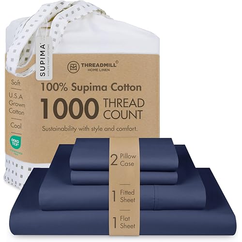 Threadmill 1000TC Supima Cotton King Sheet Set, Sateen, Folkstone Blue | 100% Supima Cotton, Sateen Weave, 4-Piece Set, 17" Deep Pocket, All-Around Elastic, No-Pill, Hotel Quality, Machine Washable