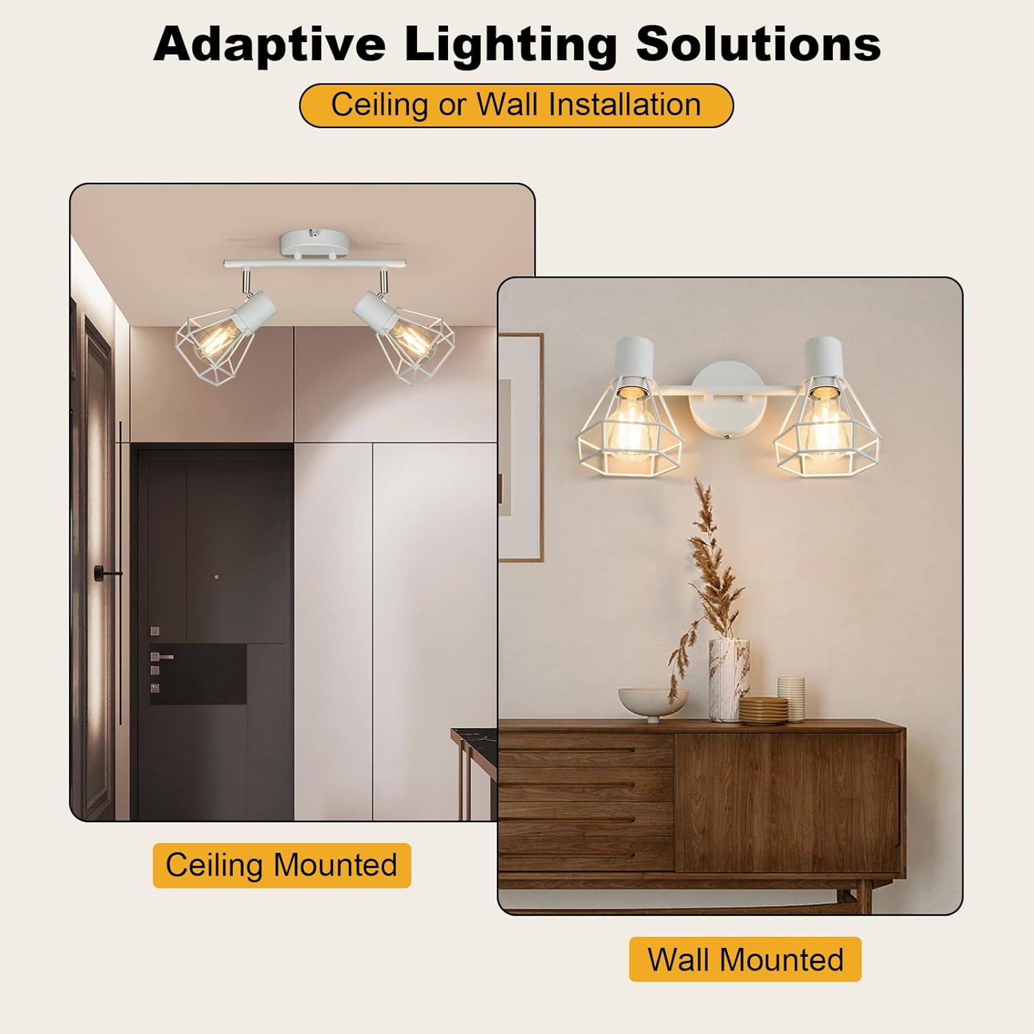 HiBay 2-Light Track Lighting White, Rotatable LED Ceiling Track Spot Light, Metal Cage Farmhouse Wall Spotlight Fixture Indoor for Kitchen, Bedside, E26 Base (Bulb Not Included)