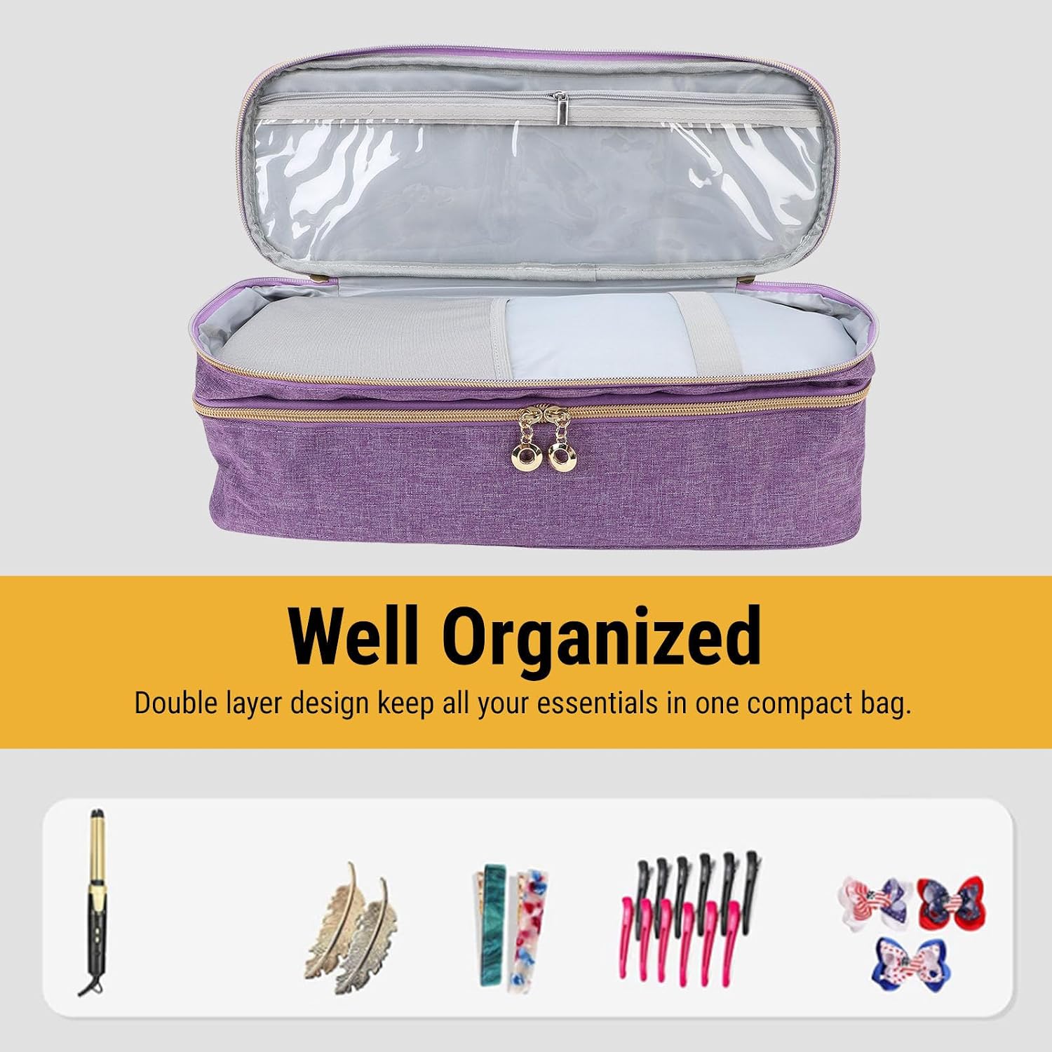 Asixxsix Hair Tools Travel Bag, Double Layer Canvas Travel Carrying Case for Hair Styling Tools, Waterproofing Hair Dryer Case for Curling Iron and Hair Dryer (Purple)
