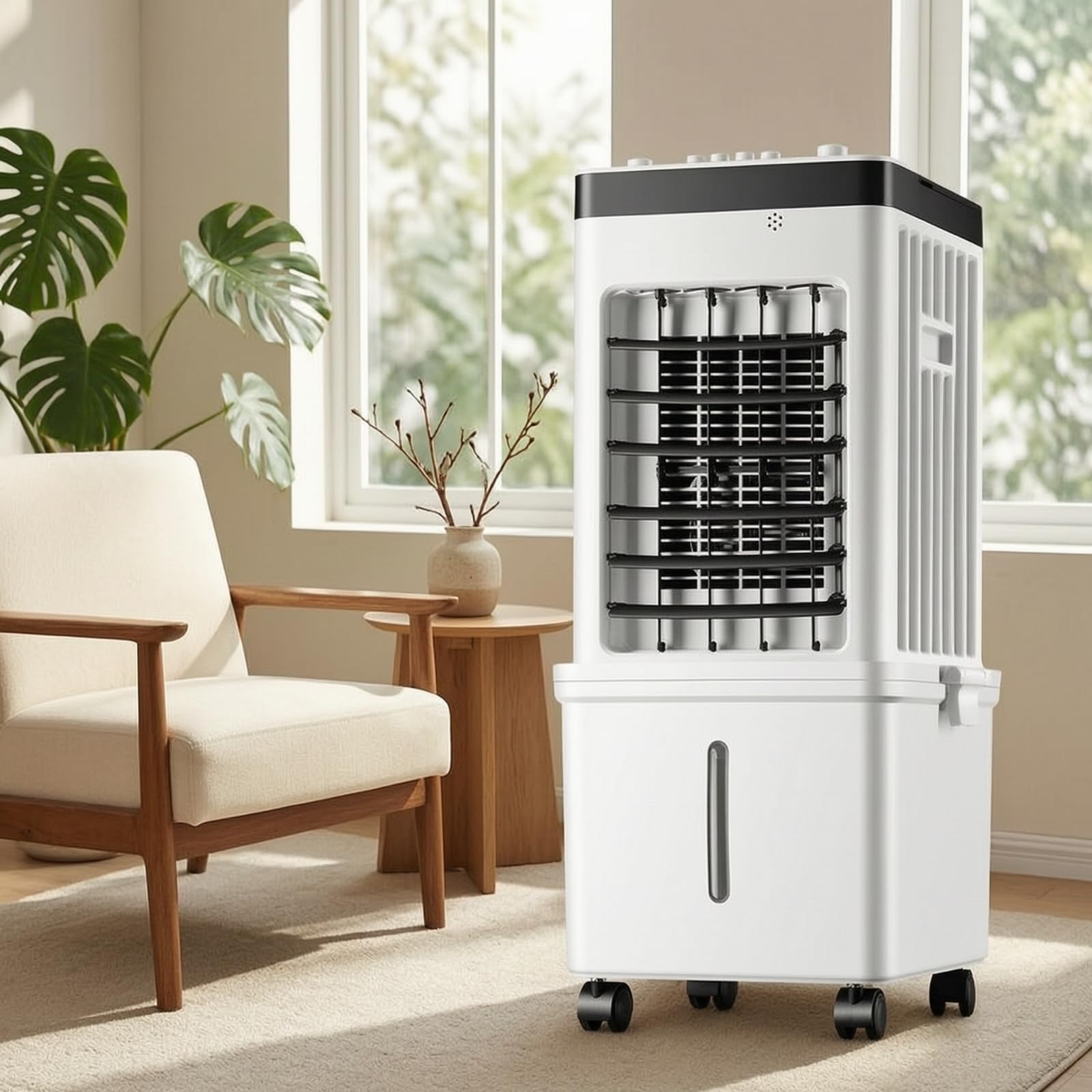 LOVIVER Ventilador de Refrigeración para Hogar de Pie de Aire Climatizador Ventilador Portátil con Rejilla Frontal y Depósito Inferior Adecuado para Apartamento Oficina Sala de Estudio