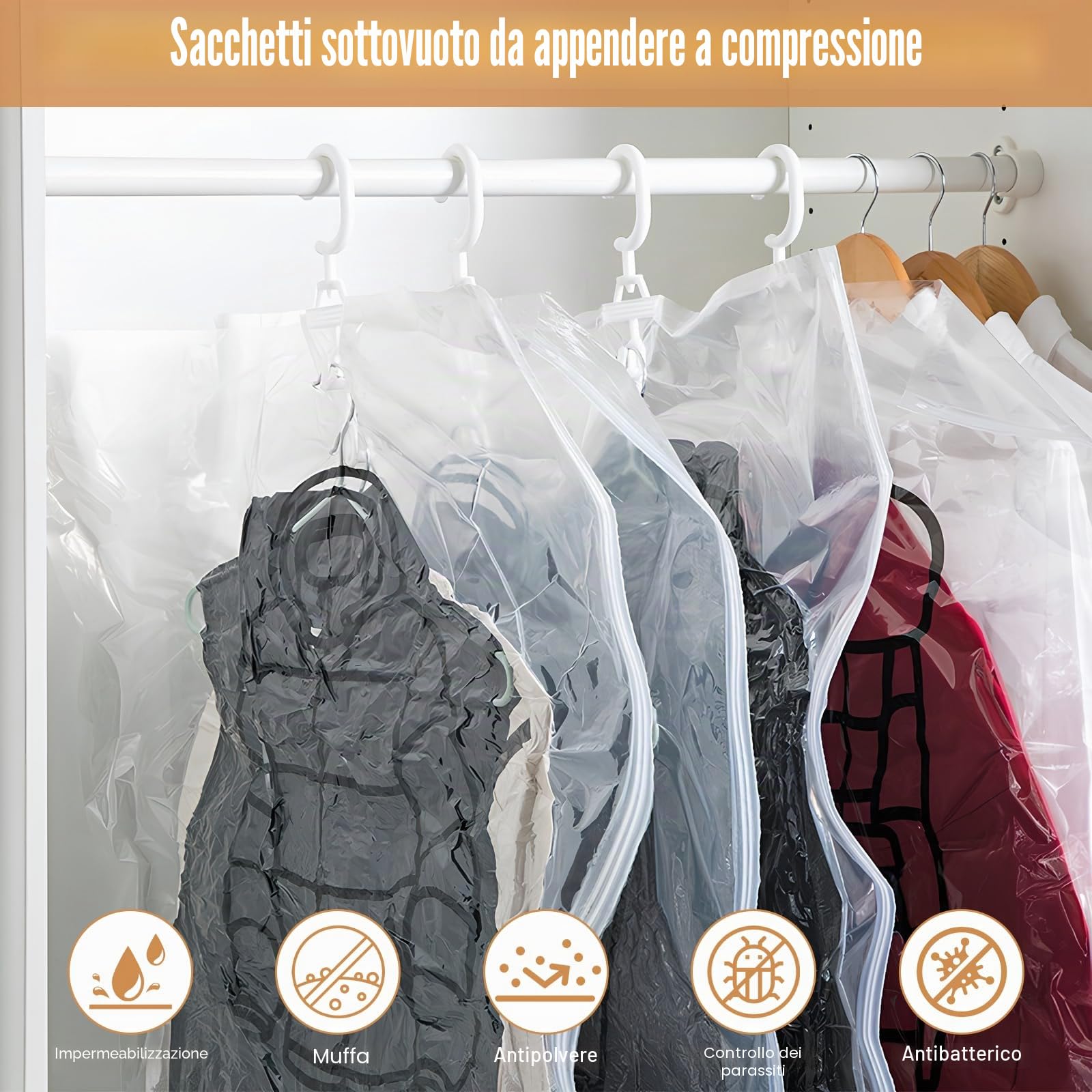Sacchetti sottovuoto per vestiti con pompa a mano, 4 sacchetti sottovuoto sospesi 67 x 90 cm, salvaspazio, riutilizzabili, per giacche, abiti, cappotti, vestiti, copriletti