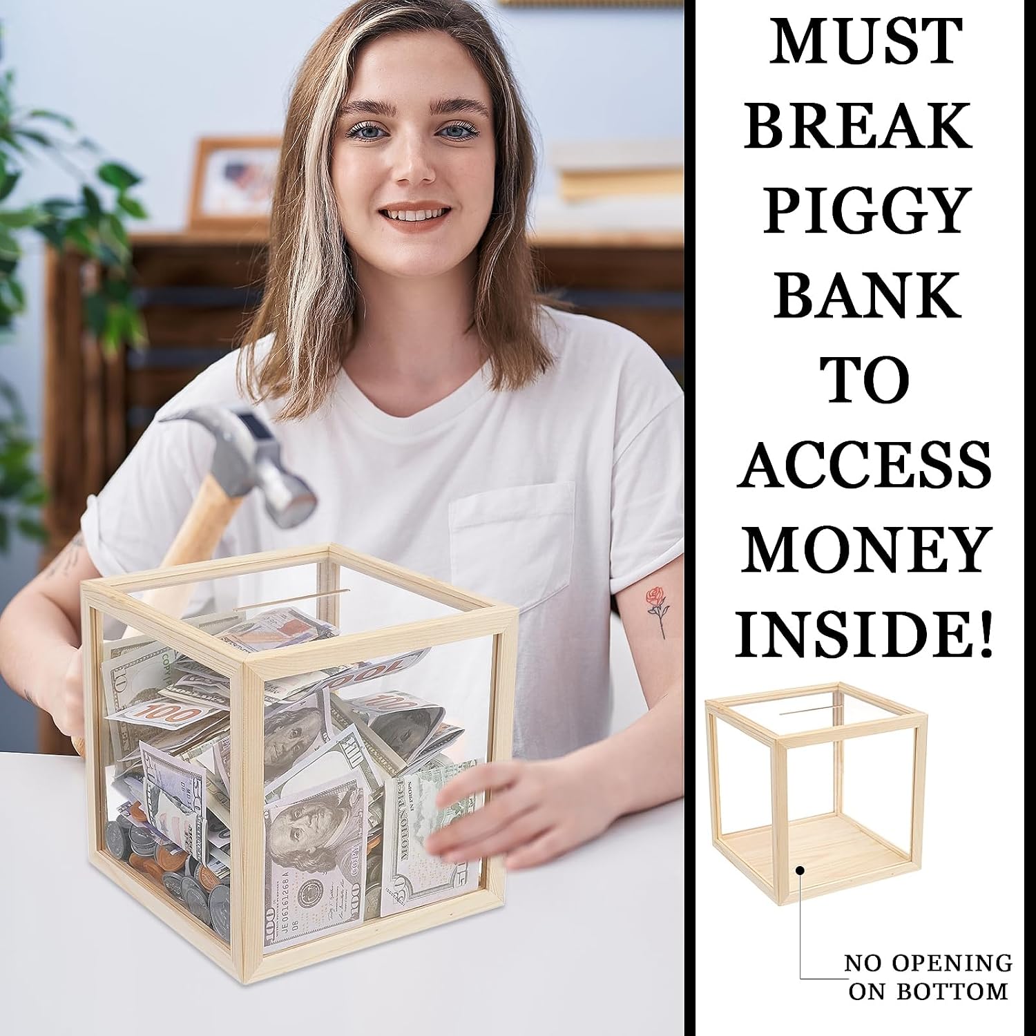 Acrylic Piggy Bank for Adults, Must Break to Access Saving Large Clear Acrylic Money Cash Box for Vacation Wedding Child's College Fund, Unopenable Big Clear Saving Money Cash Bank Jar