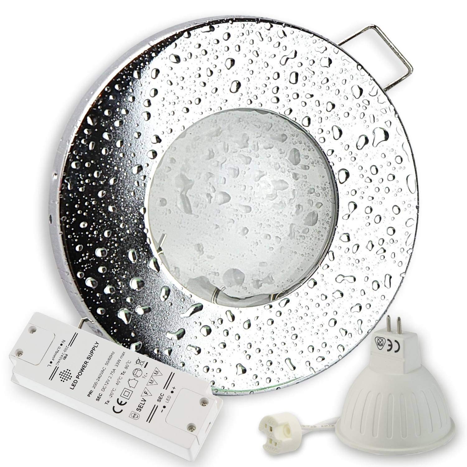 6x Downlight blanco frío 5 vatios cromo LED super plano redondo 12V con transformador - adecuado para el baño, uso exterior, IP44 - incluyendo bombilla y enchufe GU10 - agujero de