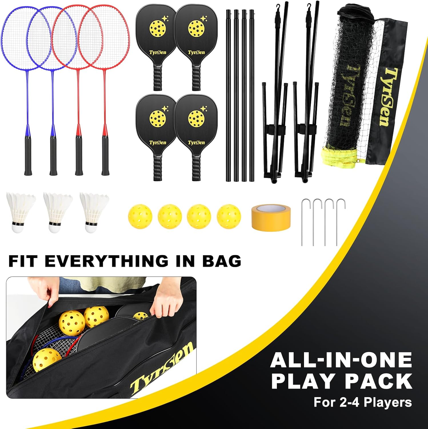 Portable Pickleball Badminton Net Set, 17FT Adjustable Heights All-in-One Net w/4 Pickleball Paddles 4 Badminton Rackets, Freestanding Pickleball Badminton Net for Backyard Driveway