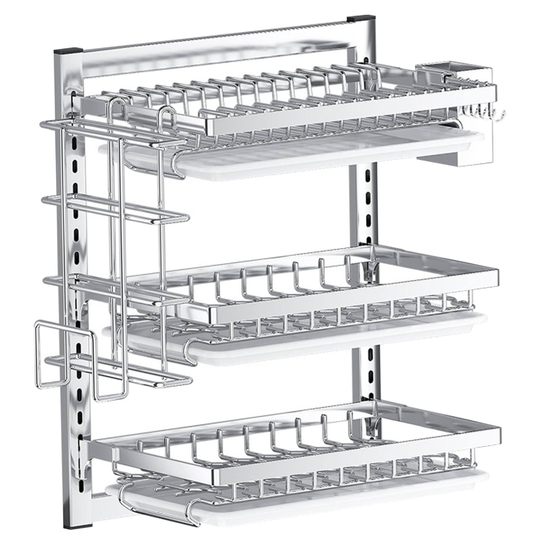 3 Tier Stainless Steel Wall Mounted Dish Drainer Rack Hanging Dish Drying Rack Adjustable Space with Hooks for Kitchen Cutlery Holder