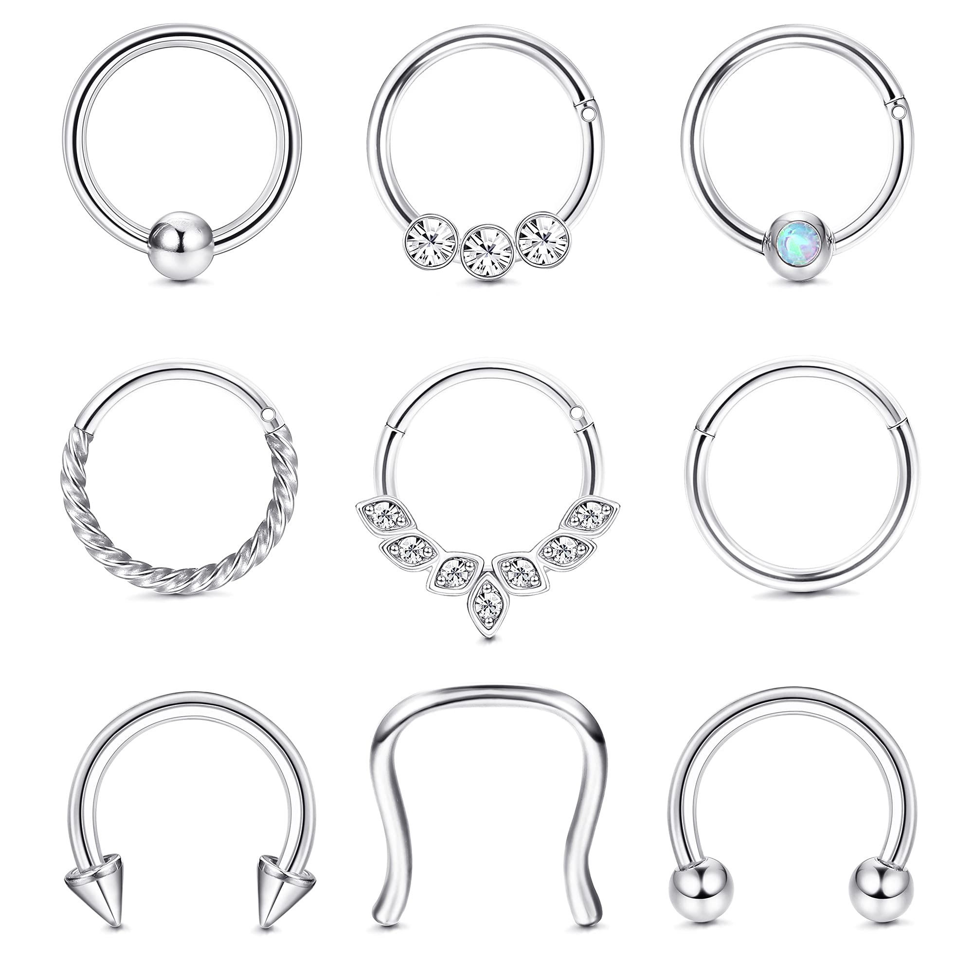 Kakonia 9 Piezas 16G Piercing Septum Acero Quirúrgico para Mujeres Hombres Pendientes Helix Piercing Nariz Aro Tragus Piercing para Oreja Nariz 8mm 10mm Plata Oro Oro Rosa Negro