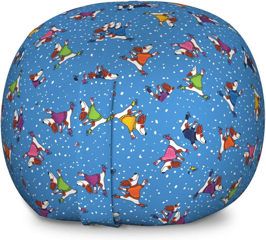 Ambesonne Dogs Storage Toy Bag Chair, Ice Skater Dancing Dogs in Colorful Sweaters Snowy Christmas Noel Weather Winter Time, Stuffed Animal Organizer Washable Bag, Large Size, Multicolor