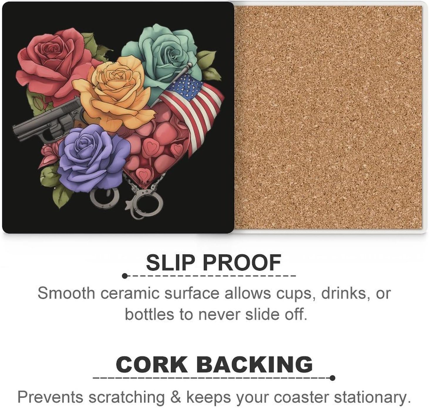 Police Heart Rose Coaster for Drinks Square Ceramic Table Coasters Stone Mat Crafts 6PCS Home Kitchen Decor