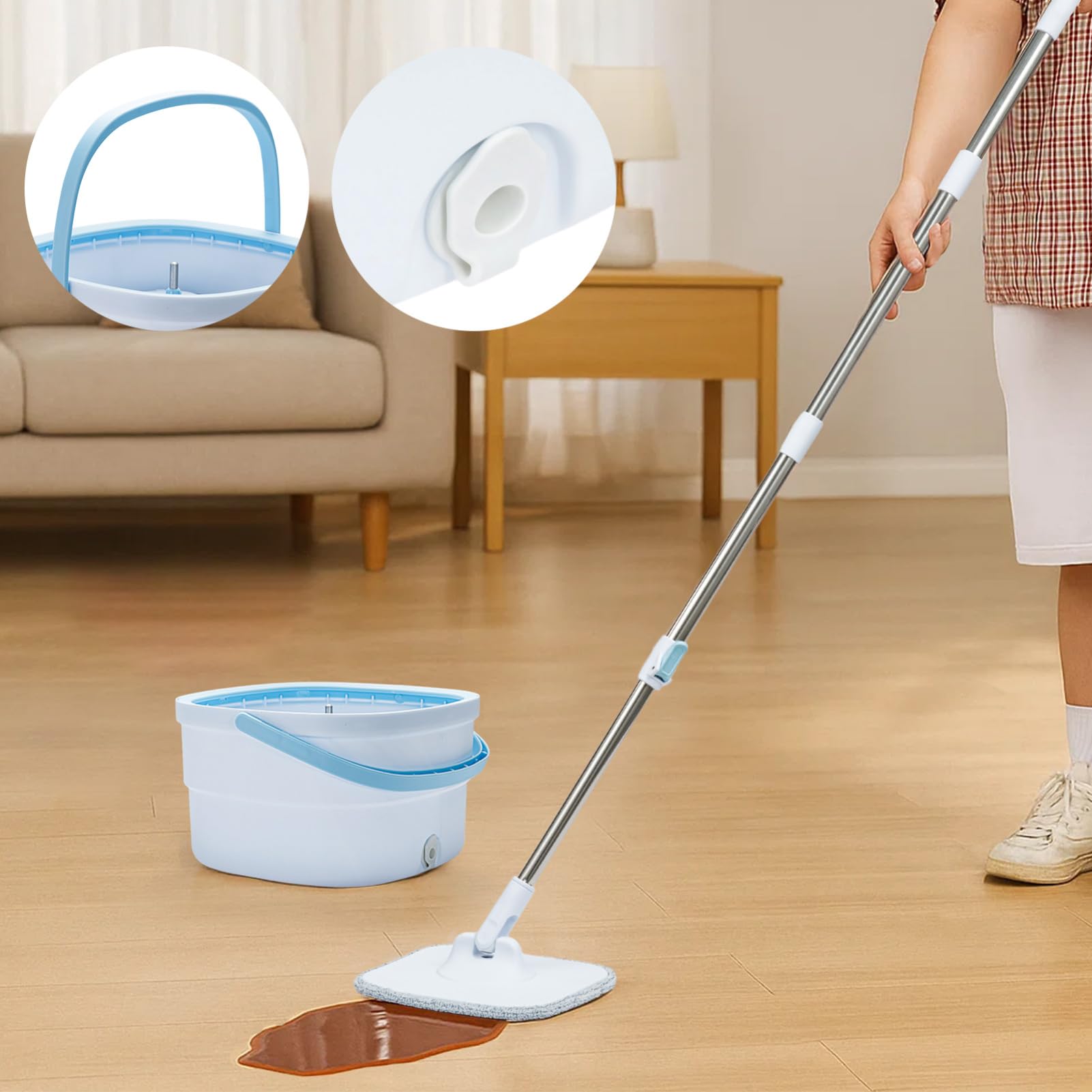 Trintion Wischmopp Set mit Eimer Selbstauswringender Bodenwischer mit 360° Drehkopf Edelstahl Wischsystem Mikrofaser Mopppads 2-In-1 Reinigungssystem Auswringbarer Mopp für alle Bodenarten, Blau