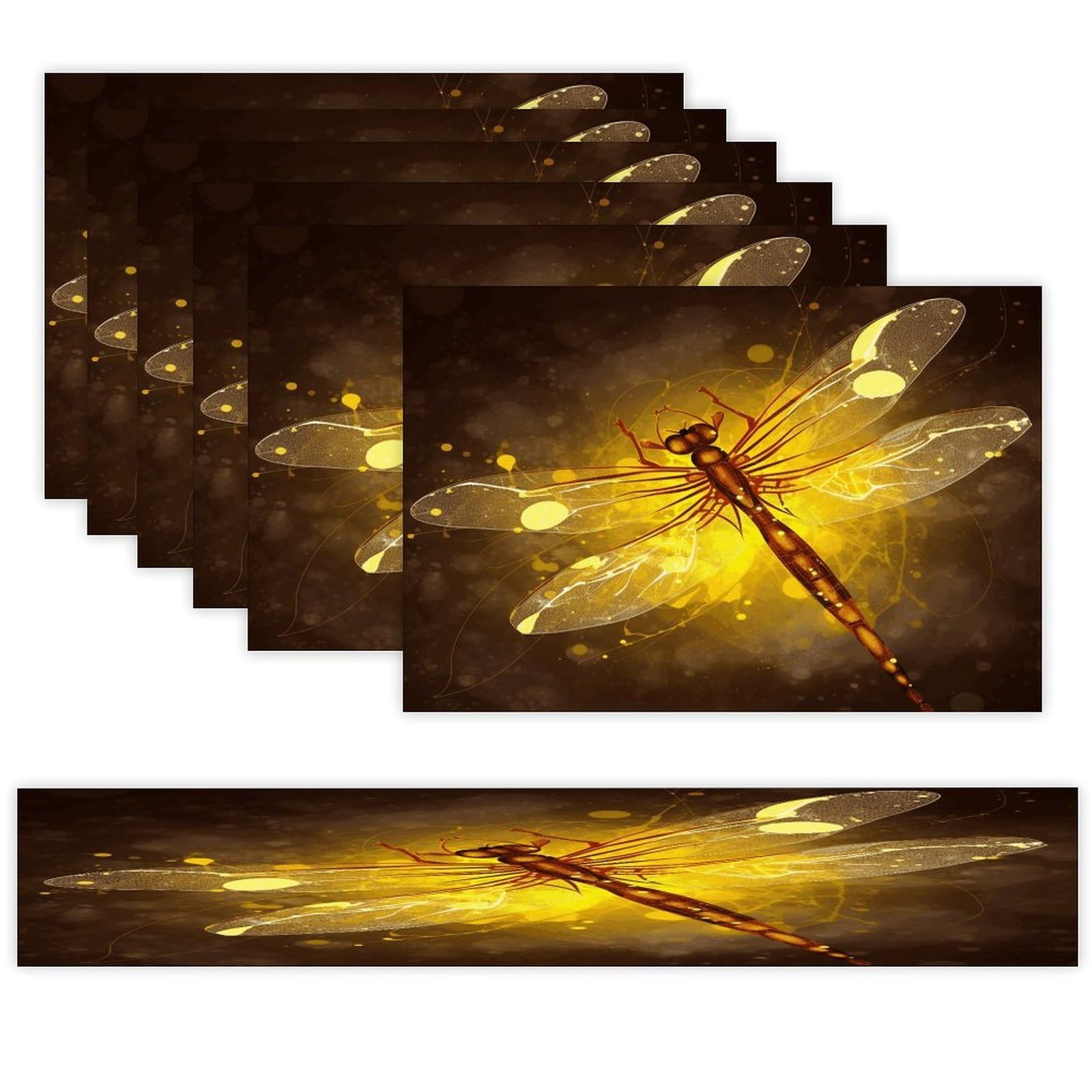 Abstract Yellow Dragonfly Table Runner and Placemats Set of 6 Wipe Clean Heat Resistant Table Mat with Table Runner Decorations Flax Linen Place Mat Set for Home Kitchen Party Supplies