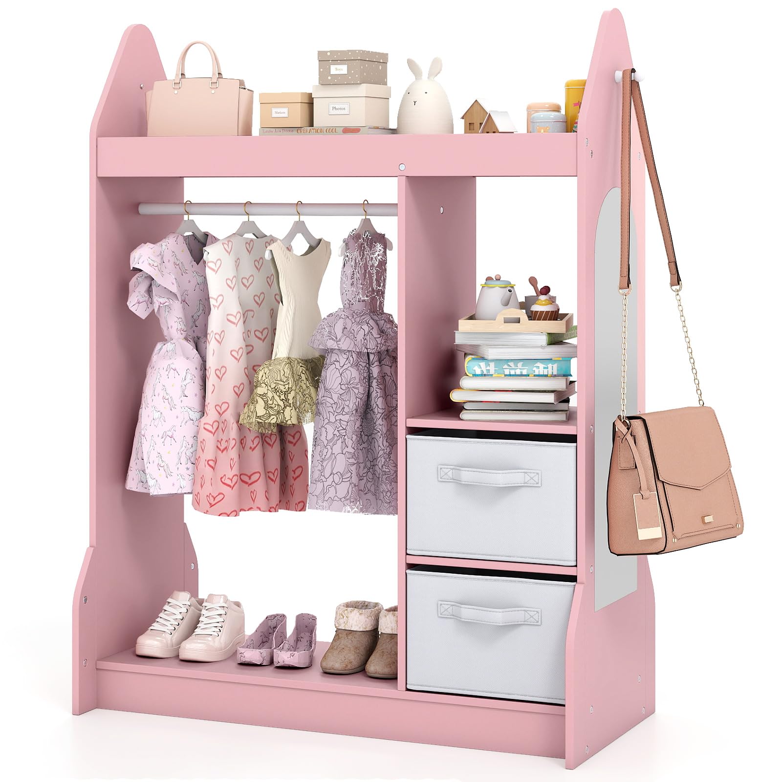 COSTWAY Guardaroba per Bambini, Armadio Gioco con Specchio Appendiabiti, Cassette in Tessuto Pieghevoli, Organizer per Stanza e Camera da Letto, 81 x 38 x 107 cm (Rosa)