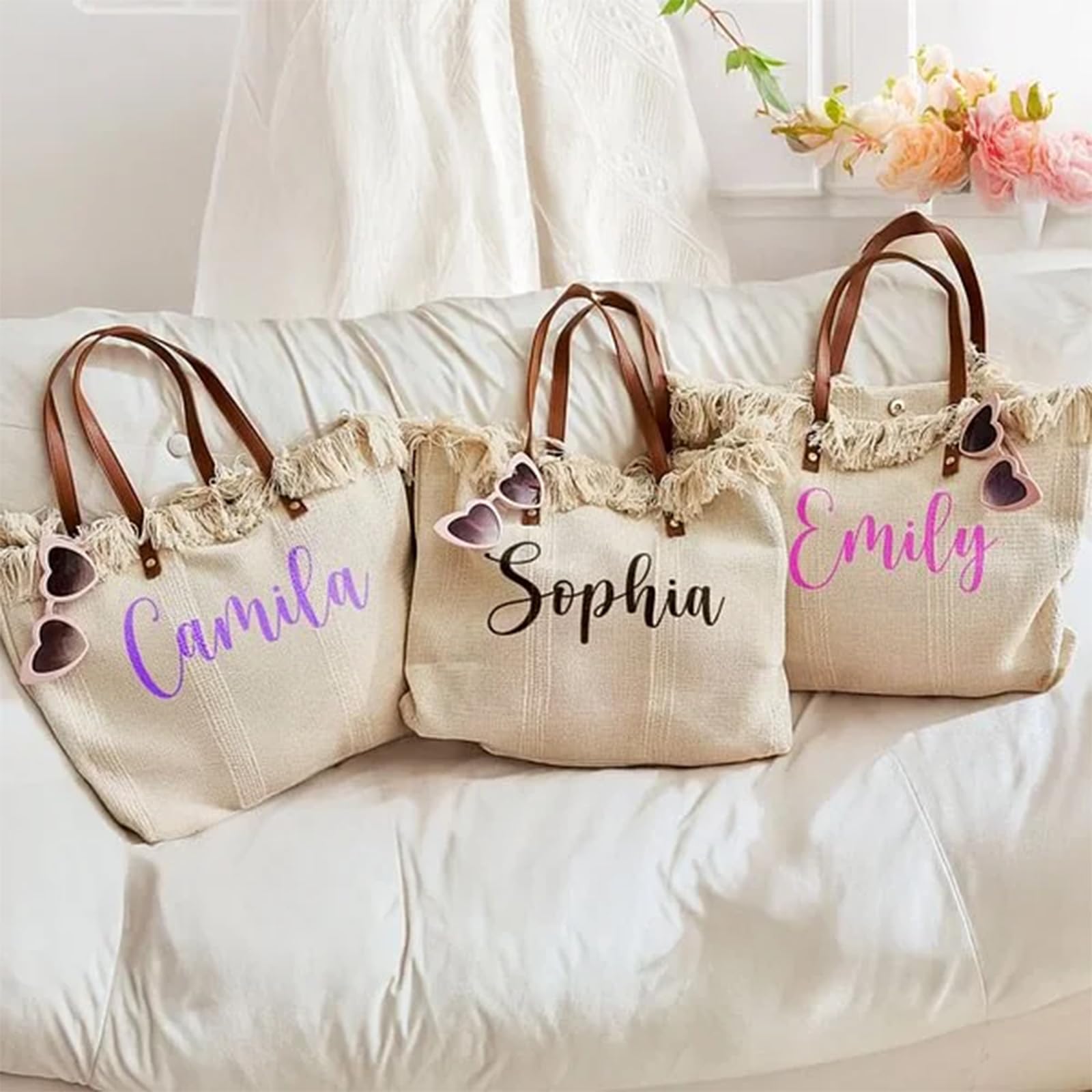 Borsa tote per damigella d'onore con ricamo personalizzato, borse di tela per regali per feste nuziali, frange boho e borse da spiaggia per spose, regalo di viaggio per ragazze