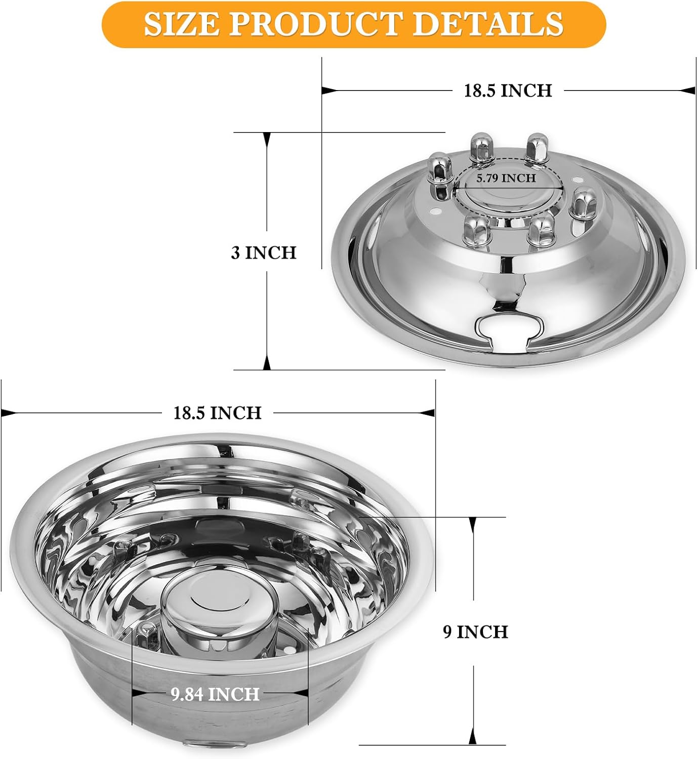 17" Dually Wheel Simulators for 2005-2025 Ford F-350 Dual Rear Wheel Models, Set of 4, Over-The-Lug Mounting, Stainless Steel Dually Hubcaps - 17 Inch, 8 Lugs, 4 Hand Holes