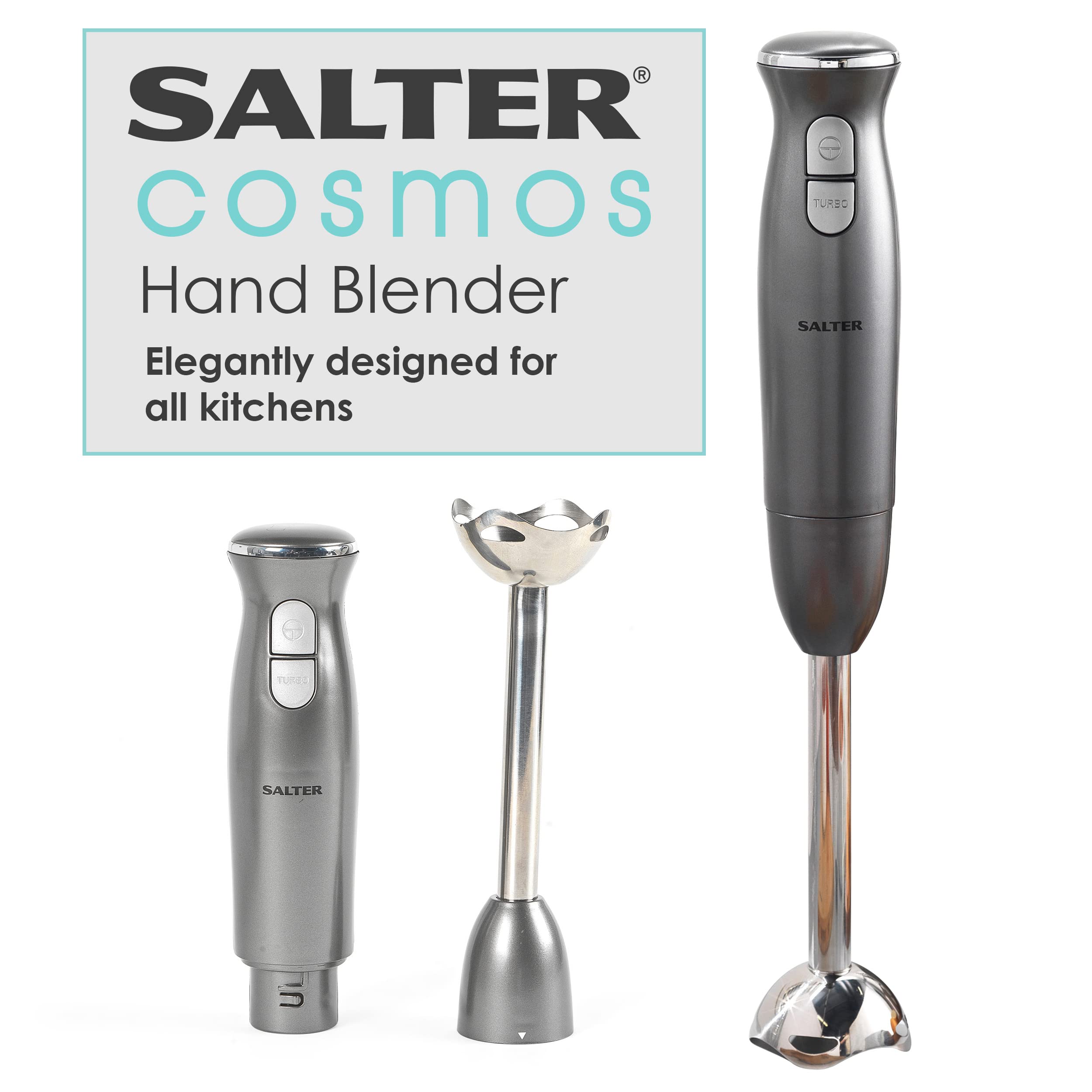 Salter Cosmos Mixeur Plongeant & Batteur Électrique 400W, Mixeur avec Tige et Lames Inox Amovibles 2 Vitesses, Pour Soupes/Smoothies/Sauces, Gris Acier/Argent, Prise UE