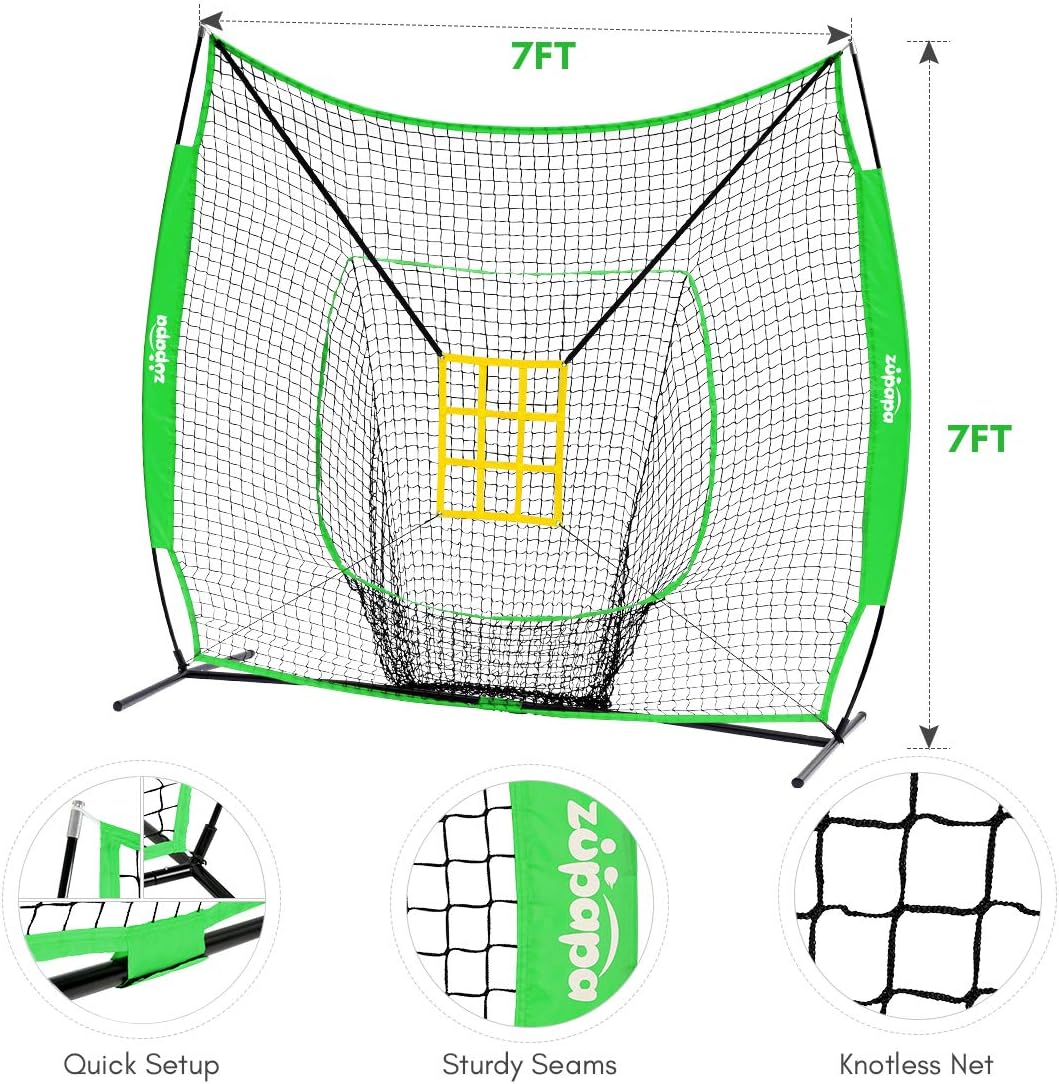 Zupapa 7x7 Feet Baseball Softball Hitting Pitching Net Tee Caddy Set with Strike Zone, Baseball Backstop Practice Net for Pitching Batting Catching for All Skill Levels (Green) : Sports & Outdoors
