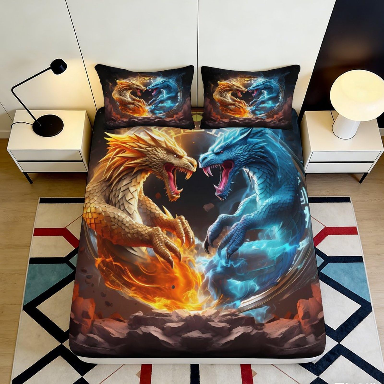 3D Printed Fire Dragon Fitted Sheet Microfiber Soft Blue Ice Dragon Mattress Cover for Bedroom Dorm Home Decor 90x200x25cm