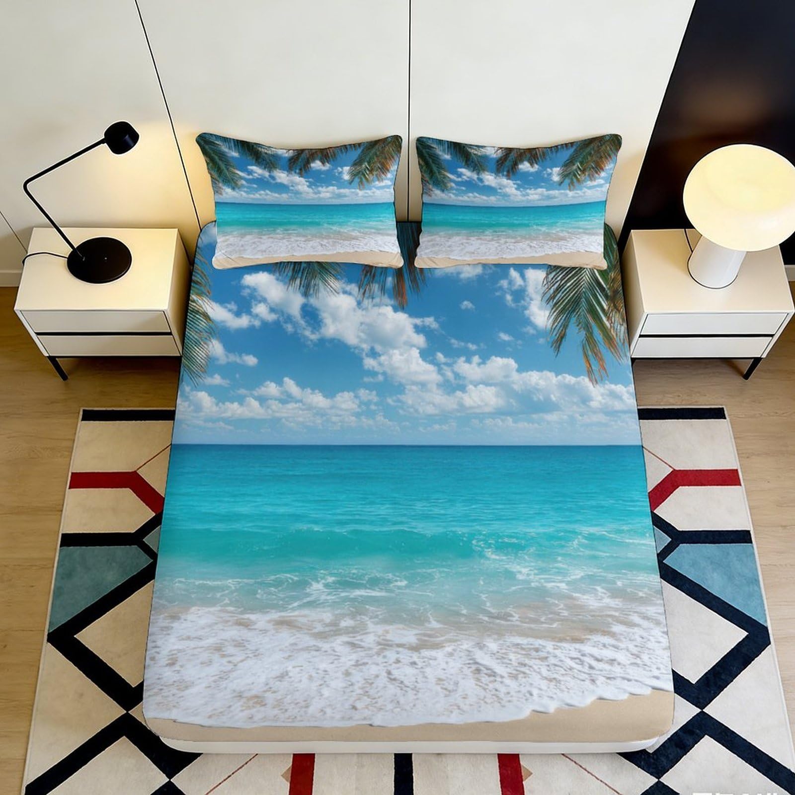3D Printed Ocean Beach Fitted Sheet Microfiber Soft Blue Sky Palm Mattress Cover for Bedroom Guest Room Decor 90x200x25cm