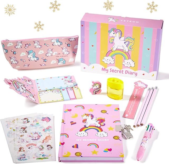 Yetech Unicorn Stationery Set- Unicorn Lockable Notebook, Pencils, pen, Stickers, Ruler, Stick Notes, Sharpener, Eraser, Pencil Case, Unicorn Gifts for Girls Ages 4 5 6 7 8 9 10 11 years old