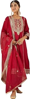 INDO ERA Womens Silk Blend Embroidered A-Line Kurta Pant Dupatta Set (IESTR6990) Price In India