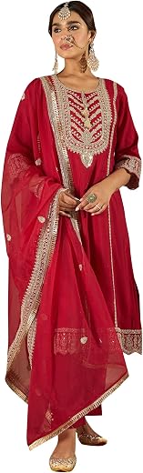 INDO ERA Womens Silk Blend Embroidered A-Line Kurta Pant Dupatta Set (IESTR6990)