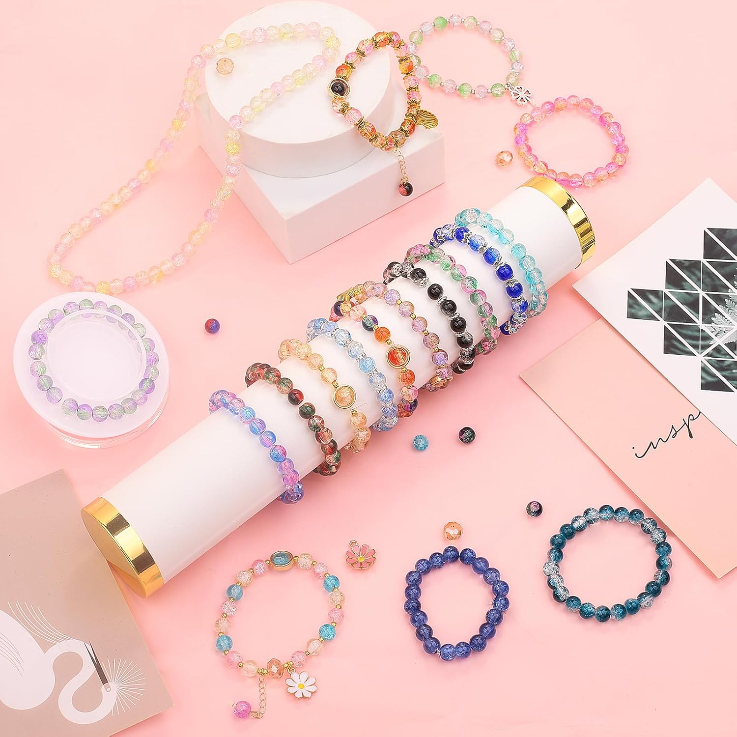 UFU 8mm Glass Beads for Jewelry Making, 1300+ Pcs 48 Colors Crackle Glass Beads Bracelet Making Kit, Round Crystal Beads for Bracelets Necklace DIY Crafts Gifts, Without Jewelry Pliers - Image 4