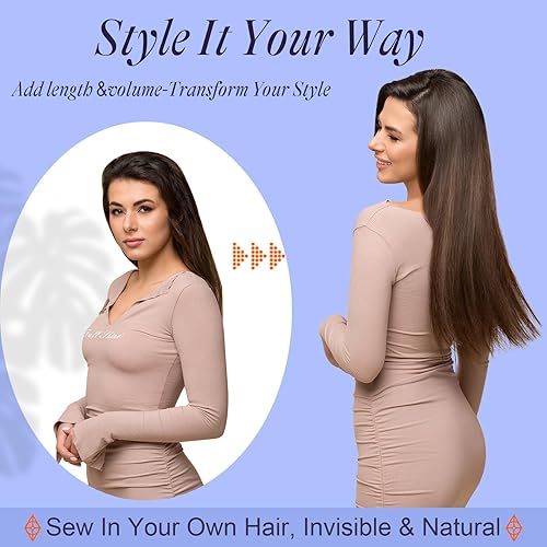 Miniatura 4 de Full Shine Extensiones de cabello humano de trama de cabeza completa, balayage, cosidas, extensiones de cabello humano real, color 2 marrón oscuro