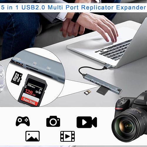 Miniatura 6 de QIANRENON Estación de acoplamiento USB 5 en 1 Hub USB 2.0 a USB 2.0 TRRS 0.138 in Audio TF/SD lector de tarjetas multifunción puerto adaptador