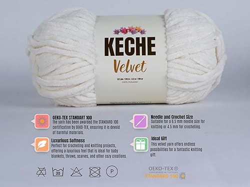 Miniatura 3 de Keche Hilo de terciopelo para ganchillo, manta de felpilla suave, voluminosa, hilo amigurumi, 3.53 oz (132 yardas), color crema