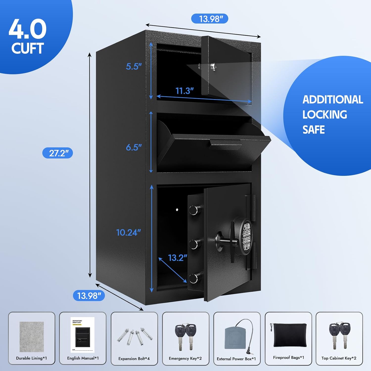 Drop Safe for Business Money Safes with Drop Slot 4.0 CUB Cash Depository Safes Box with Additional Locking Safe Anti-Fishing and Digital Combination for Home Office Hotel Restaurant Liquor Store