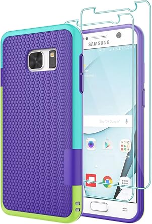Gamemi for Galaxy S7 Case, with 2 Pack Tempered Glass Screen Protector, Contrasting Colors Ultra Slim One-Piece Anti-Slip Rugged Soft TPU Bumper Shockproof Case Cover for Samsung Galaxy S7 - Purple
