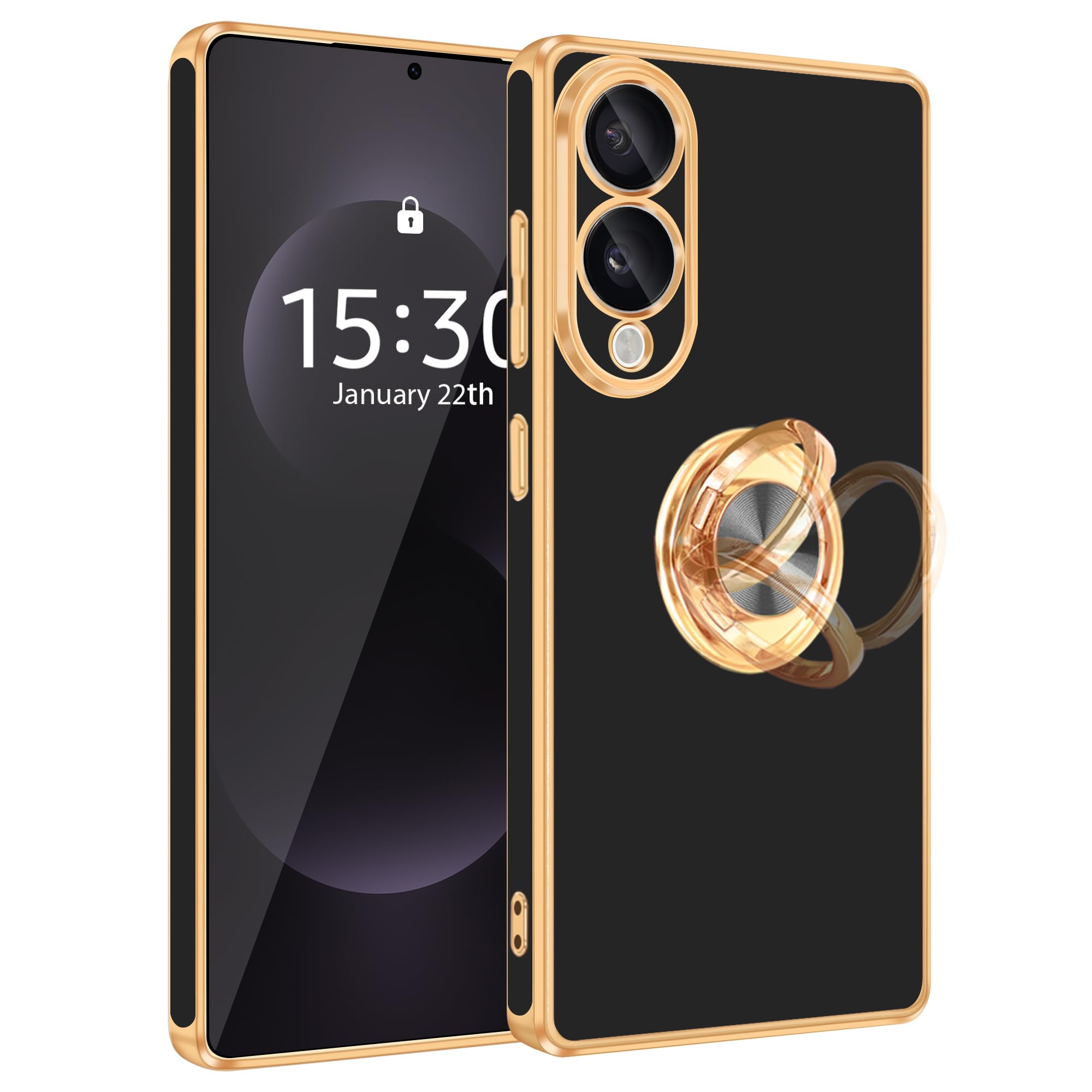Fingic for Samsung Galaxy S25 Edge Case[with 360°Rotatable Ring Holder][Support Magnetic Car Mount] Shiny Plating Gold Slim Thin Soft TPU Rugged