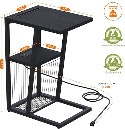 Miniatura 3 de Heybly Mesa auxiliar en forma de C con estación de carga y soporte para teléfono, mesa de sofá con 2 puertos USB y tomas de corriente, mesas de sofá
