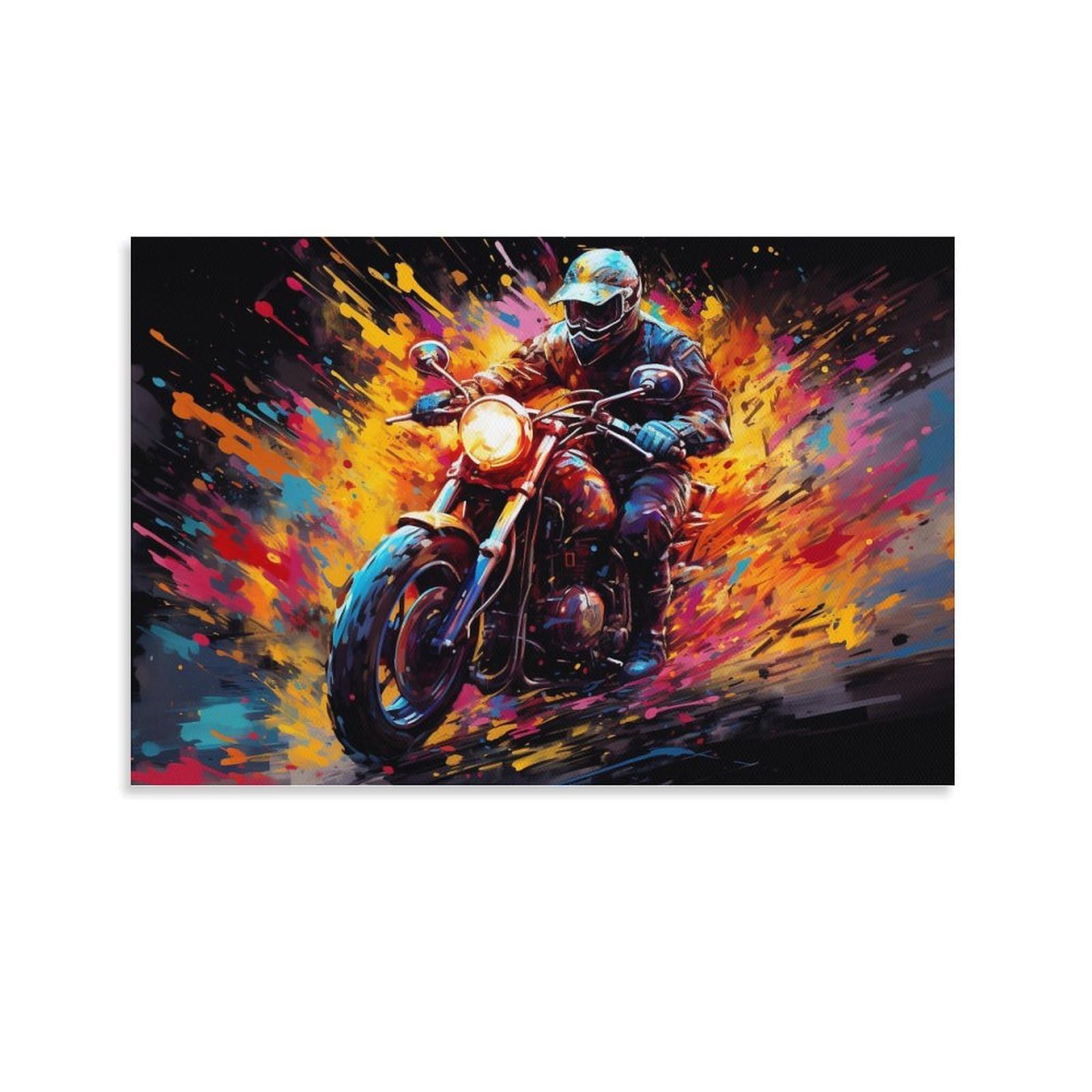 CPLVKWRQJ Bright Magical Colorful Single Motorcycle Rider Colorful Burst Framed Canvas Wall Art - Kitchen Removable Wall Art Multi-Purpose Focal Point Decor 20x30inch(50x75cm)