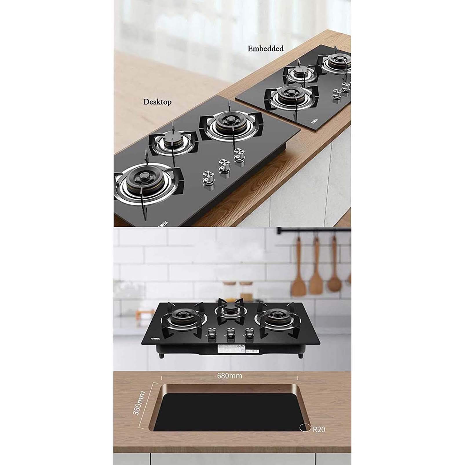 Wbudowana kuchenka gazowa z 3 płomieniami (4,5 kW + 4,5 kW + 1,4 kW) z ochroną termopary, płyta gazowa ze szkła hartowanego, gaz ziemny