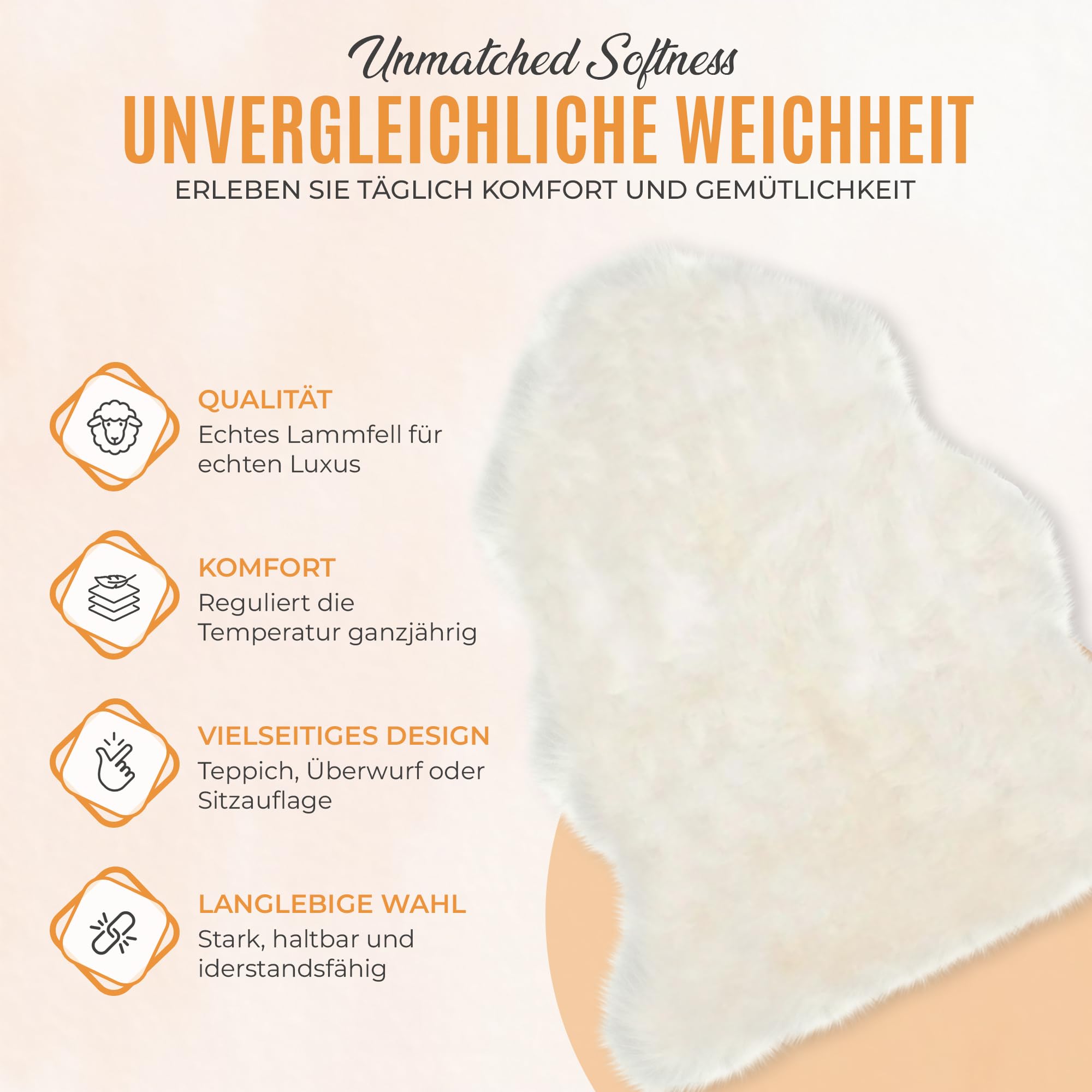 Echtes Schaffell Weiß Natur – Premium Lammfell Teppich, Kuschelig Weiches Fell, Wärmeisolierend & Atmungsaktiv – Deko, Sitzauflage für Sofa, Bett & Stuhl (L:100-110cm)