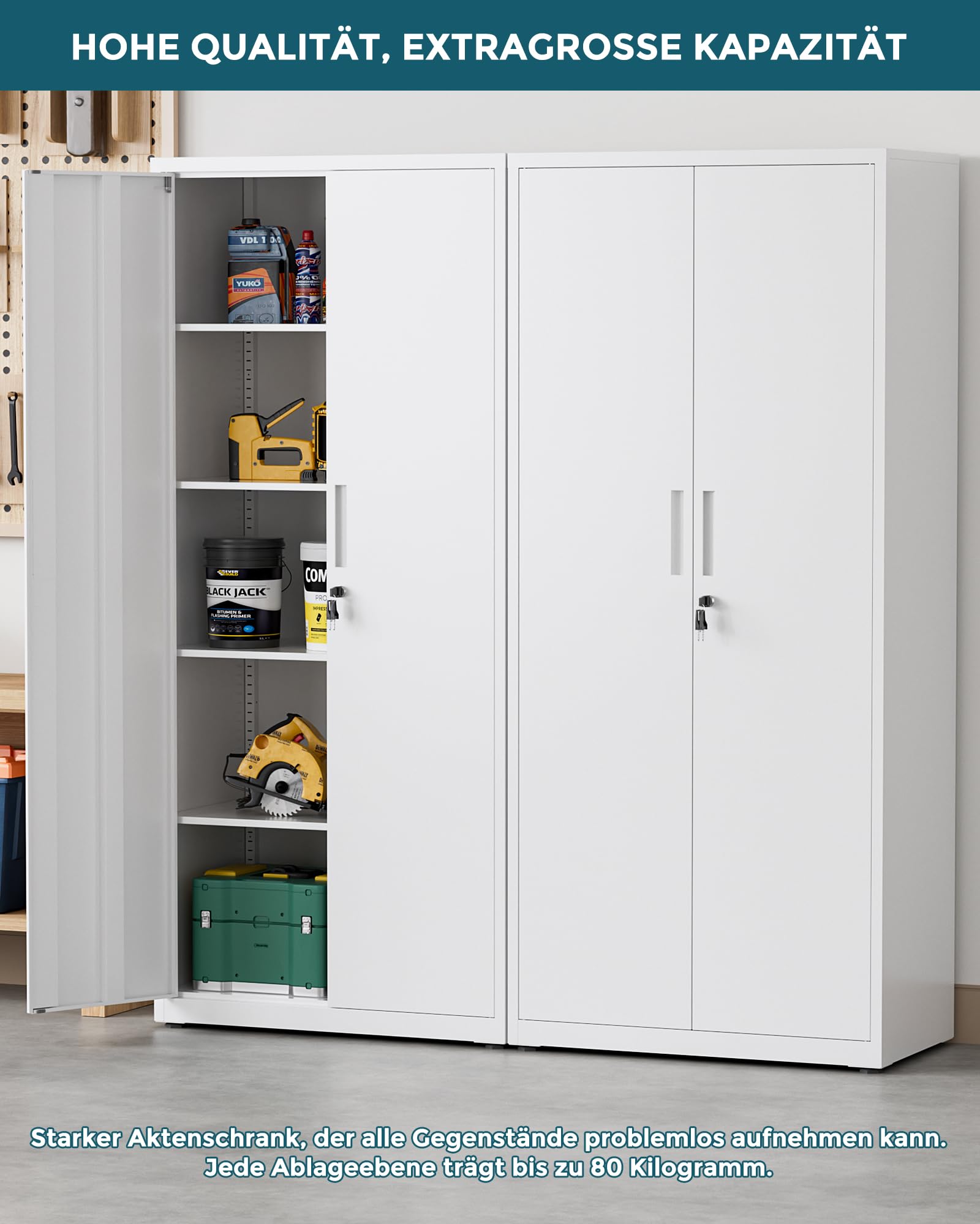 Aktenschrank, abschließbarer Mehrzweckschrank mit 4 höhenverstellbaren Einlegeböden, Stahl-Büroschrank mit 2 Türen, Weiß, 181.5×80×40 cm