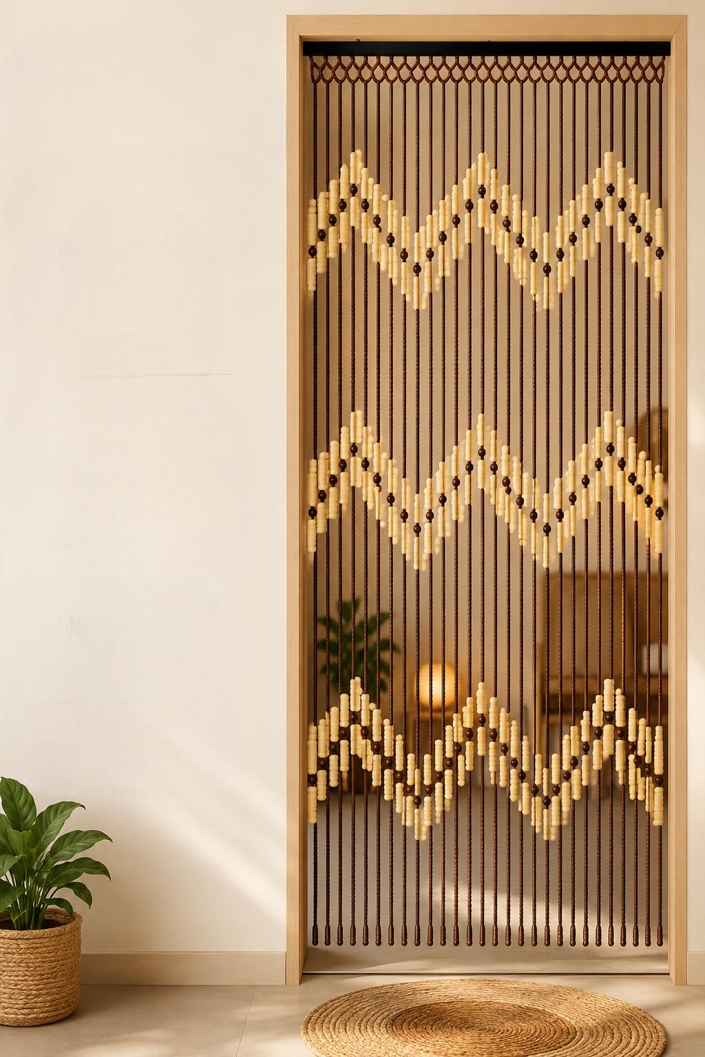 Retaaj Brown Bamboo Beaded Wooden Door Curtain Summer Blind Fly Screen 90Cm X 180Cm Beautiful Hanging & Caravan Room Window Decorations Dividers For, Doorways Zigzag