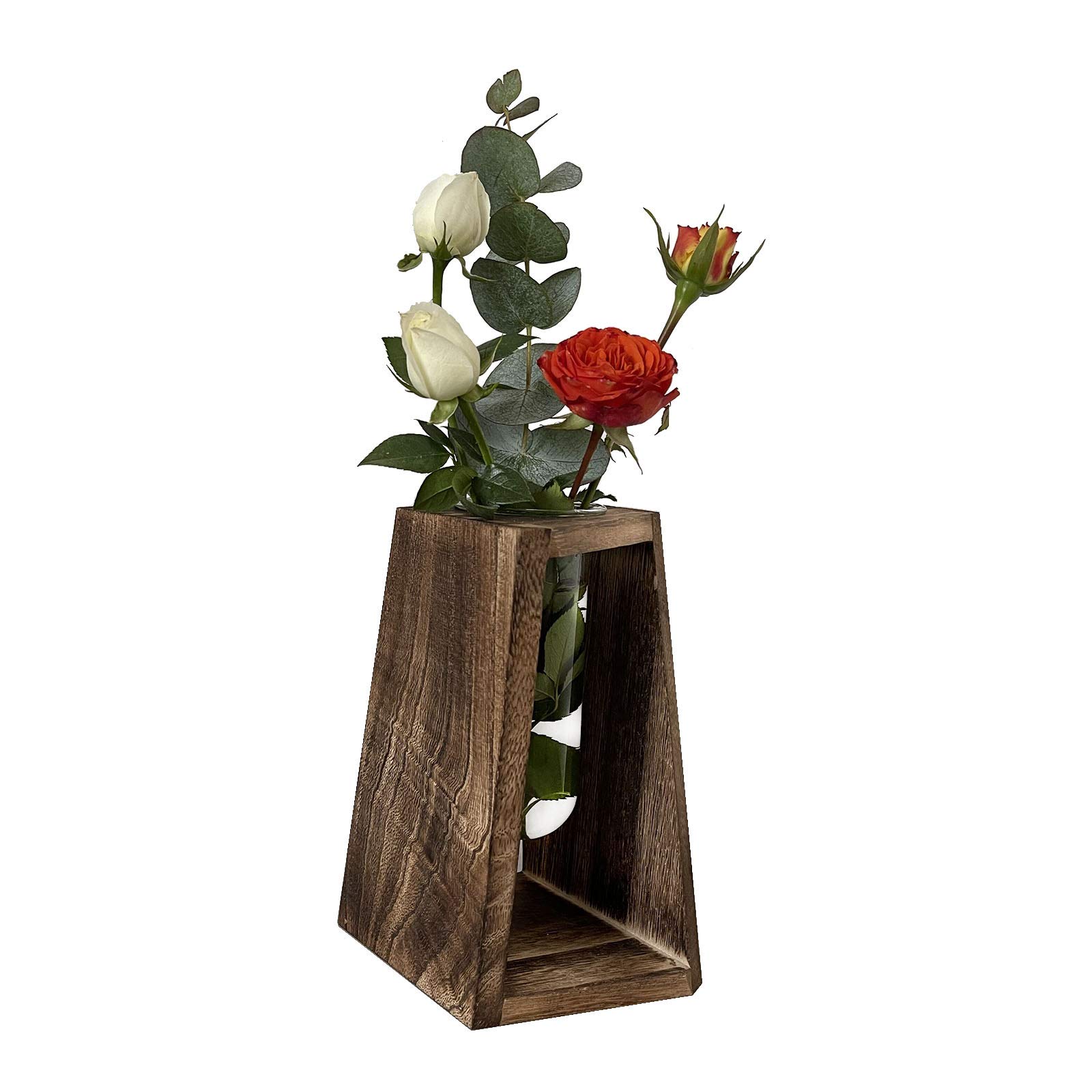 Pimaja Unique Geometric Wooden Glass Vase, Irregular Square Vase with Wooden Stand for Home&Office Decoration (Dark Brown)